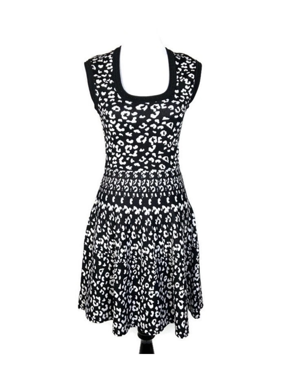Rebecca Taylor fit & Flare black & White Intarsia Animal Print Sleeveless Dress
